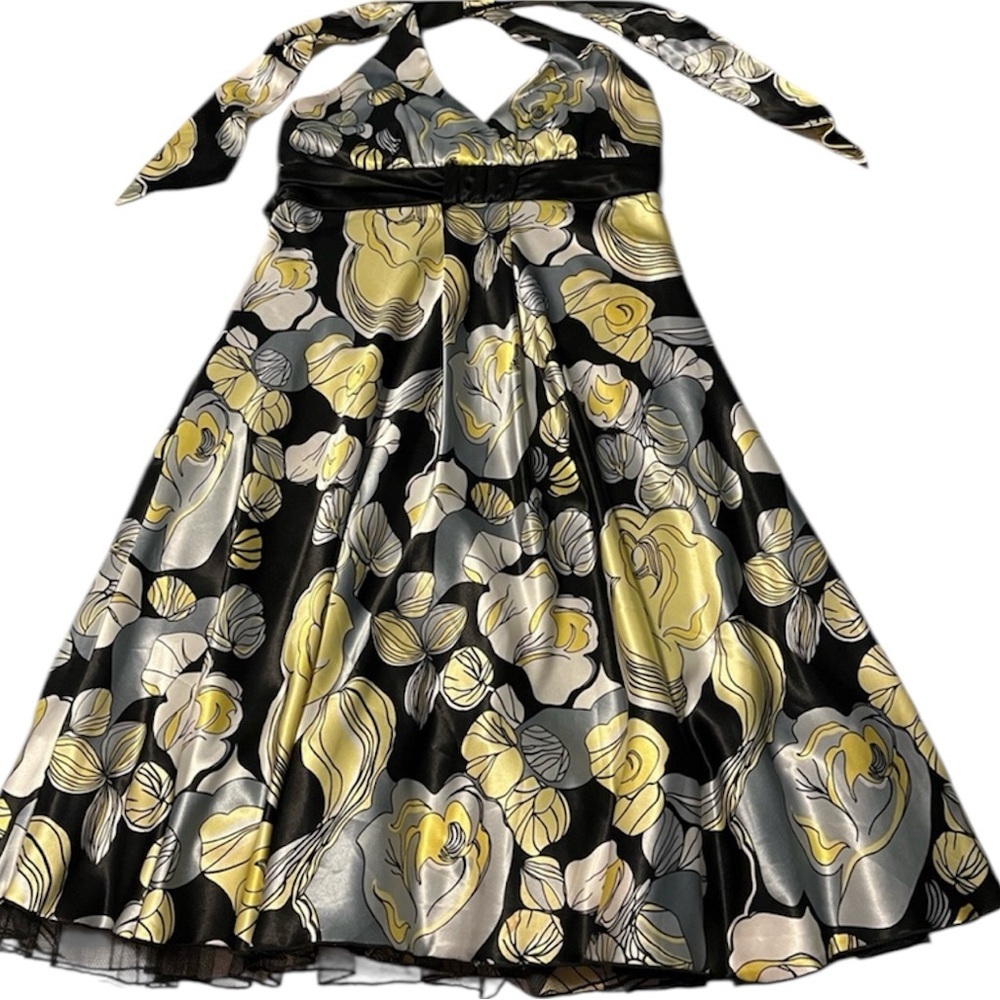 MAJORA | Floral Halter Dress with Yellow and Grey Accents | Size M